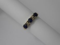 A 9ct Hallmarked Sapphire and Diamond Ring, 3 x 4.25 mm sapphires, 10 pts of diamonds, size P+,