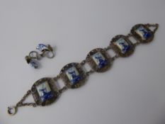 A Silver and Delft Plaque Wire-Form Bracelet, together with a pair of silver enamel clog earrings,