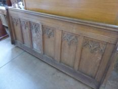 A Vintage Oak Prayer Book Stand. The stand having carved panel back, approx 210 x 18 x 88 cms.