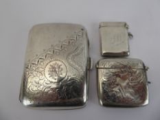 A Silver Cigarette Case, Birmingham hallmark, dated 1905, mm G.E.W together with two silver vesta