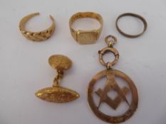 Miscellaneous Gold Jewellery, including a 9ct square and compass pendant, a part gentleman's rope