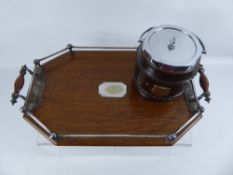 An Oak and Silver Plated Drinks Tray, with an oak ice barrel. (2)