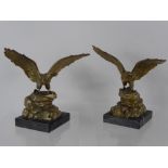 Two Brass Figures of Eagles, perched on rocks presented on a marble base, approx 20 cms high.