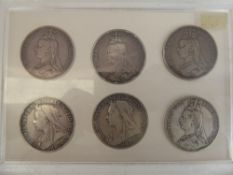 Six Victorian Crowns dated 1888, 1889, 1890, 1895 LIX, 1896 LIX.