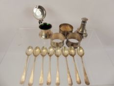 Miscellaneous Silver, including three napkin rings, Birmingham hallmark, dated 1901,1905, 1909,