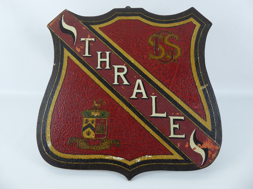 A Vintage 'Thrales Streatham' Grammar School House Shield, with label to verso, approx 37 x 40 cms.