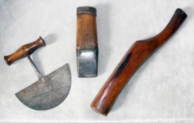 Antique Bookbinding Tools, the knife and edge maker are marked "Brades Co", the mallet bears the