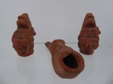 Three Inca/Mexican Style Terracotta Items, including two heads with feathered head-dress and a