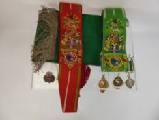 Forrester's Regalia, Sash, Silver Medallion 1940, Birmingham hallmark, enamel medallions x 3.