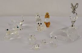 A Collection of Thirteen Swarovski Style Animal Figures, including four birds, three dogs, one frog,