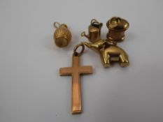 Four 9ct Gold Charms, together with a 9ct gold crucifix, approx 7 gms.