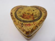 An Antique Papier-Mache Box, in the shape of a heart and leather lined, depicting a sheep and with