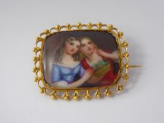 An Antique 18 / 22 ct Continental Hand Painted Porcelain Brooch, depicting two women, approx 30 x 25