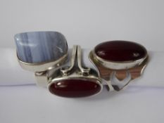 Three Bespoke 1960's Semi-Precious Stone and Silver Rings, collectively size R, K and L+, approx 2.