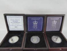 Four Silver Proof Coins, including Prince Philip 1995 £5 proof, Queen Elizabeth II 1990 £5 proof,