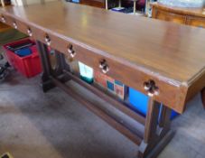 A Vintage Oak Altar Table, having carved ends with twin supports and stretchers, approx 64 x 170 x