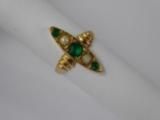 An Antique 18 ct Yellow Gold Hallmarked Emerald and Seed Pearl Ring, two outside emeralds 2.25,