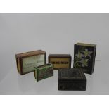 Four Matchbox Covers, including an enamel cover, together with a Chinese soapstone box, with