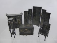 Vintage Miniature Chinoiserie Dolls House Furniture, comprising ten items including a round table,