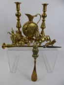 A Collection of Miniature Brass, including a pair of candle sticks, a lidded trinket bowl, a pouring