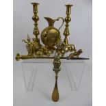 A Collection of Miniature Brass, including a pair of candle sticks, a lidded trinket bowl, a pouring