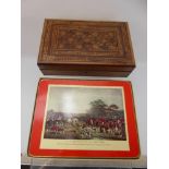 An Inlaid Marquetry Work Box, with fitted interior, approx 30 x 20 x 9 cms (af) together with a