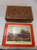 An Inlaid Marquetry Work Box, with fitted interior, approx 30 x 20 x 9 cms (af) together with a