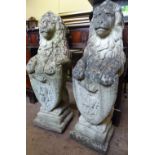 A Pair of Garden Stoneware Lions, with heraldic shields, approx 86 cms