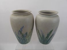 A Pair of Bourne Denby Danesby Ware Vases, delicately hand painted with a herbaceous border,