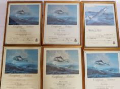 Six Merit Certificates, awarded to Jane Sybilla Crosland, for Deep Sea Capture & Release Fishing,