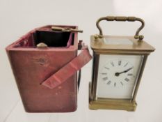 A Brass Carriage Clock, French movement, white enamel face with Roman dial, approx 8 x 6.5 x 14.5