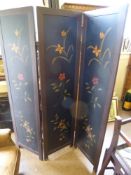 A Three Panel Wood Screen with painted red and yellow flowers, possibly oriental, approx 170 x 45