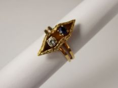 A Lady's 14 ct Yellow Gold Hand Crafted Diamond and Sapphire Ring.