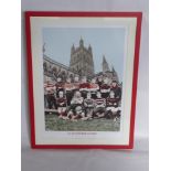 A Photographic Print of the Gloucester Rugby Team, set against a backdrop of Gloucester Cathedral,