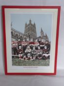 A Photographic Print of the Gloucester Rugby Team, set against a backdrop of Gloucester Cathedral,