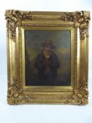 Original Oil on Board, of a young boy in country clothing and clasping a hat in his hands, approx 31