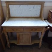 A Vintage Pine and Marble Wash Stand. The stand with single central cupboard flanked by shelves with