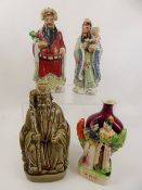 A Collection of Four Chinese Figurines, including wise man holding a walking stick, a man holding