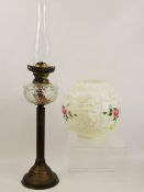 A Victorian Hand-Painted Corinthian Column Oil Lamp, the with lion moulding and hand painted