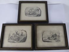 Three Black and White Engravings, depicting comical hunting scenes in black and gold wooden