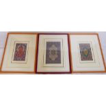 Three Framed Finely Woven Miniature Oriental Carpets, two approx 18 x 19 cms and the third 37 x 25