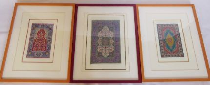 Three Framed Finely Woven Miniature Oriental Carpets, two approx 18 x 19 cms and the third 37 x 25