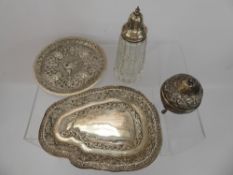 A Quantity of Indian Silver, including two trinket dishes, one small tray, a lidded pot on tripod