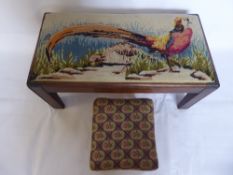 A Mahogany Framed Foot Stool, with needlepoint cushion depicting pheasants, together with a small