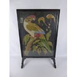 Two Vintage Glaze Fronted Fire Screens, one with floral tapestry and one with parrots, approx