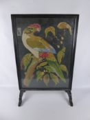 Two Vintage Glaze Fronted Fire Screens, one with floral tapestry and one with parrots, approx