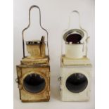 Two Vintage White Tin Plate Barge Lamps, port and starboard, approx 53 cms