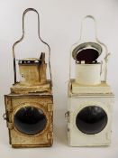 Two Vintage White Tin Plate Barge Lamps, port and starboard, approx 53 cms