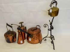 A Quantity of Copper, including a preserving pan and cover, two copper kettles, pitcher, jug stamped