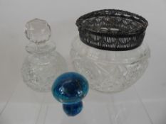Two Cut-Glass Scent Bottles, with the original stoppers, together with cut glass rose bowl approx 17